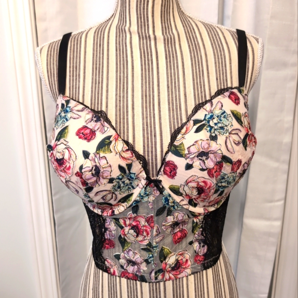 Victoria's Secret Floral Longline Bra with Black Lace Trim
